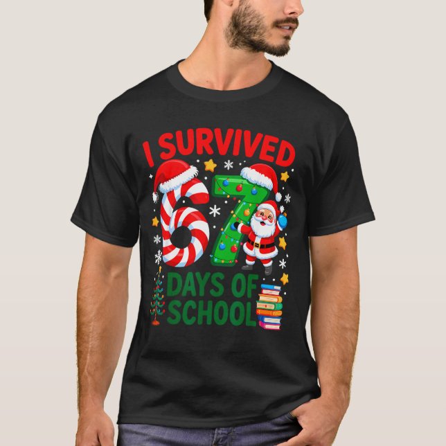 I Survived 67 Days Of School Christmas Candy Cane  T-Shirt (Front)