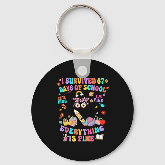 I Survived 67 Days Of School Funny Cat Six Seven M Key Ring (Front)