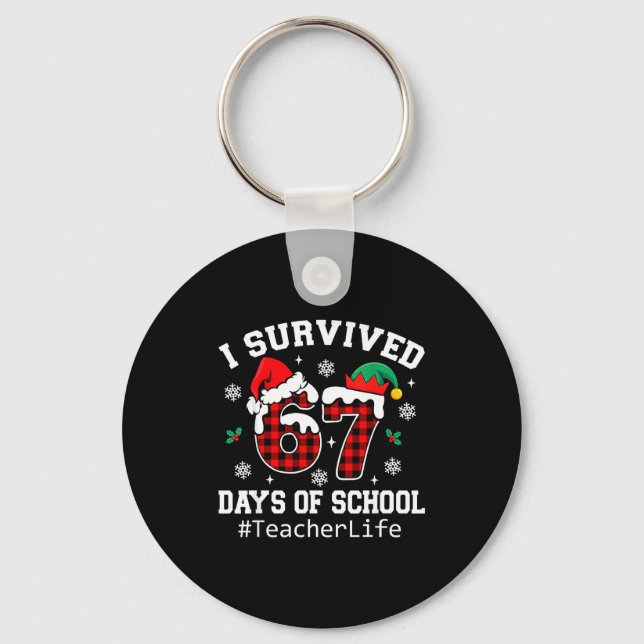 I Survived 67 Days Of School Red Buffalo Plaid Tea Key Ring (Front)