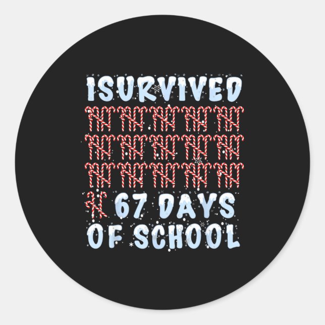 I Survived 67 Days Of School Xmas Candy Cane Tally Classic Round Sticker (Front)