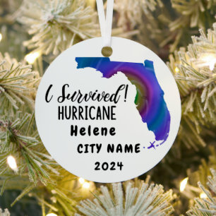 I Survived! Hurrican Helene Florida & City Name Metal Tree Decoration