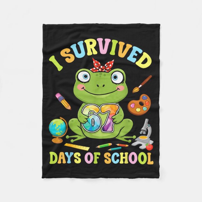 I Survived Six Seven Days Of School Cute Frog Stud Fleece Blanket (Front)