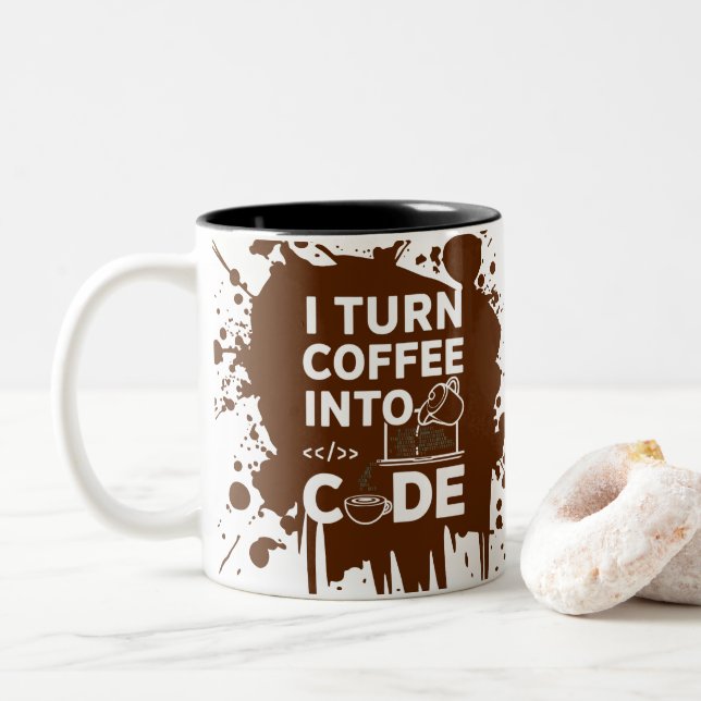I Turn Coffee Into Code Two-Tone Coffee Mug (With Donut)