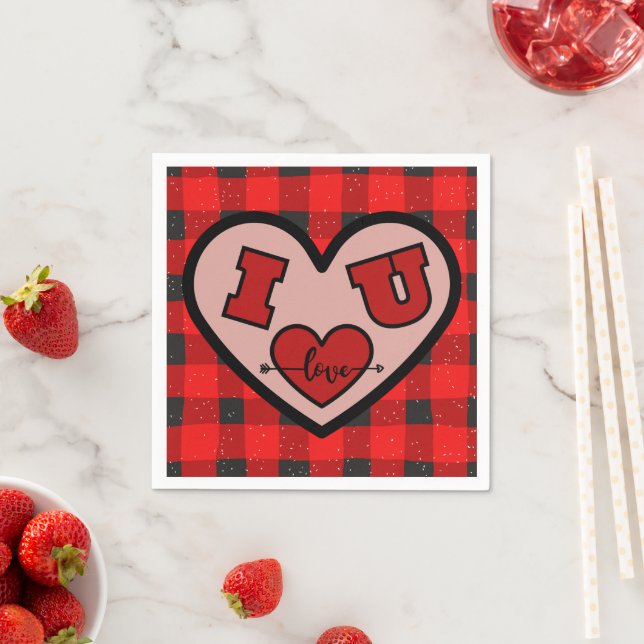 I ♥ U I Love You Buffalo Plaid Paper Napkin (Insitu)