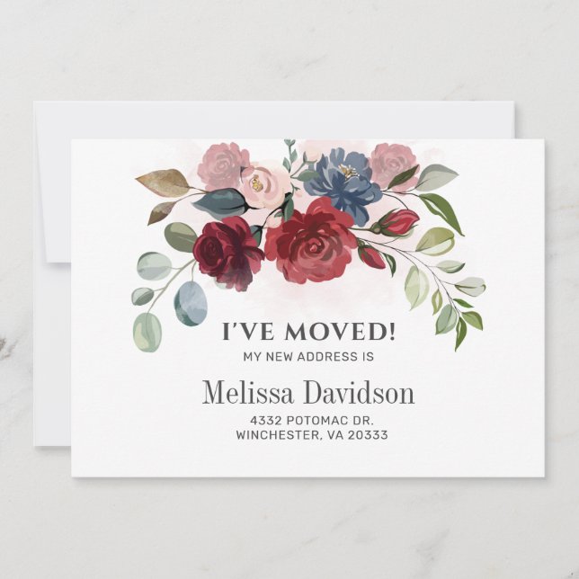 I’ve Moved Burgundy Floral Botanical Announcement (Front)