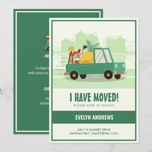 I’ve Moved Green Car On The Road Moving Announcement (Front/Back)