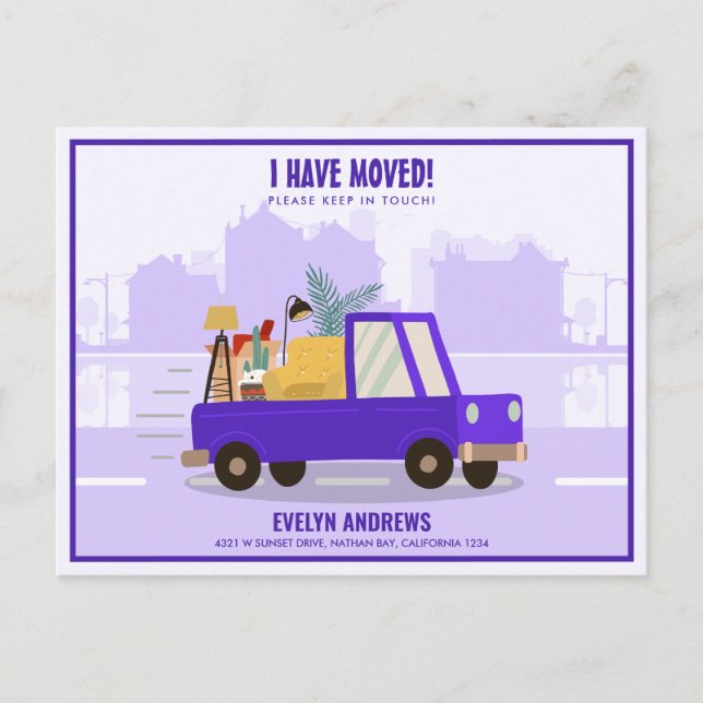 I’ve Moved Purple Car On The Road Moving Announcement Postcard (Front)