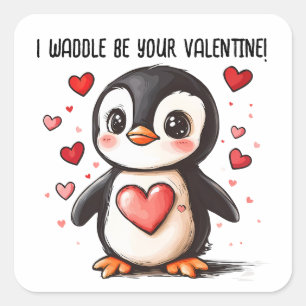 I Waddle Be Your Valentine Penguin Square Sticker