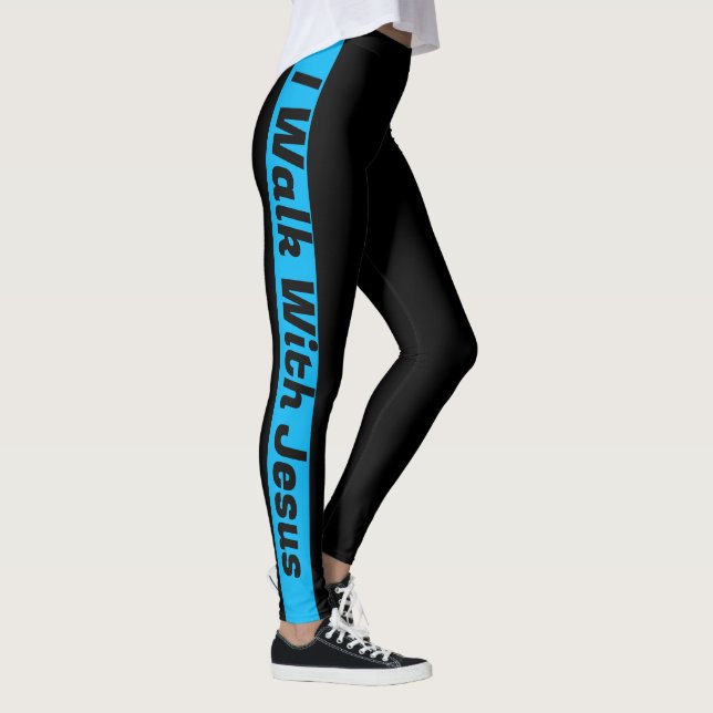 I Walk With Jesus, Black With Blue Stripes Leggings (Right)