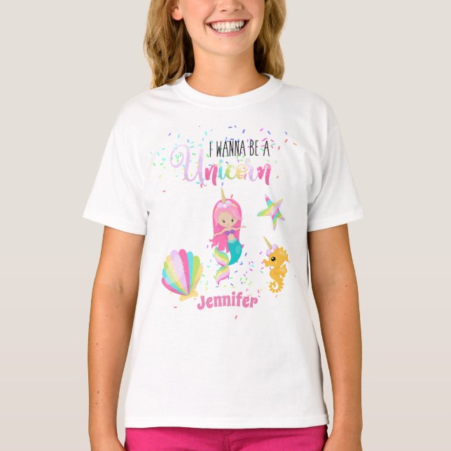 I Wanna Be A Unicorn Pink Gold Mermaid Girls T-Shirt (Front)