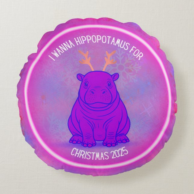 I Wanna Hippo For Christmas-Purple Pillow-Customiz Round Cushion (Front)