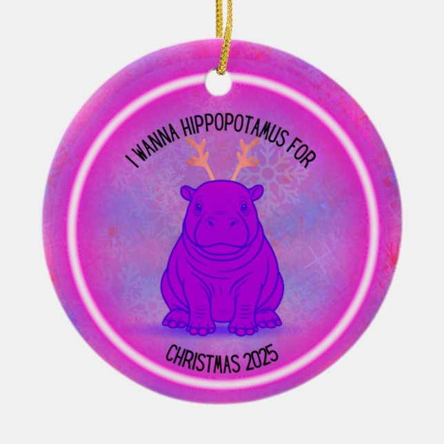I Wanna Hippopotamus for Christmas - Purple Ceramic Tree Decoration (Front)