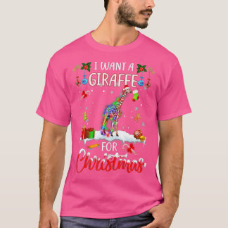 I Want A Giraffe For Christmas Xmas Lights Santa G T-Shirt