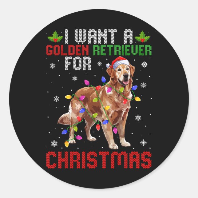 I Want A Golden Retriever For Christmas Santa Hat  Classic Round Sticker (Front)