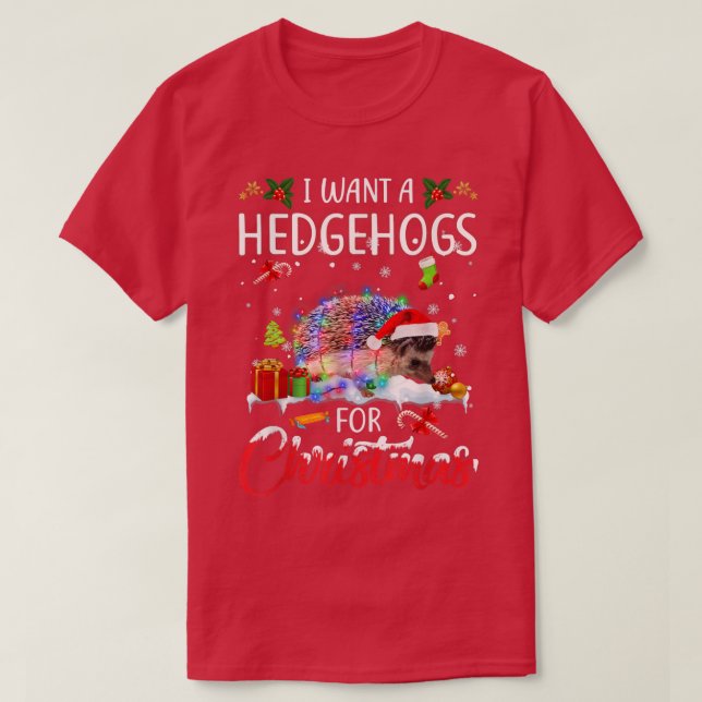 I Want A Hedgehogs For Christmas Xmas Lights Santa T-Shirt (Design Front)