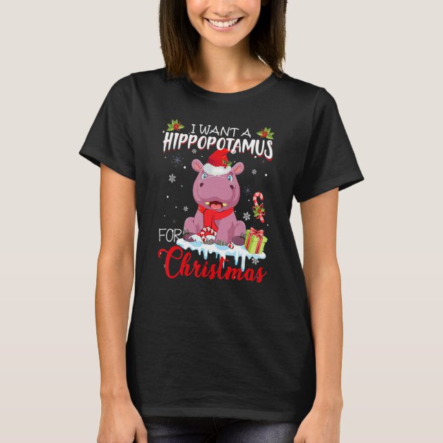 I Want A Hippopotamus For Christmas Santa Hat Hipp T-Shirt (Front)