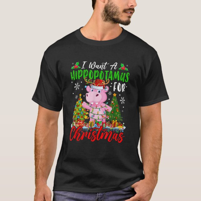 I Want A Hippopotamus For Christmas Santa Reindeer T-Shirt (Front)