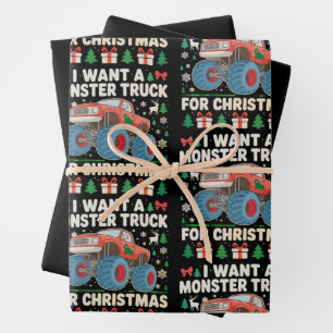I Want a Monster Truck for Christmas Ugly Sweater Wrapping Paper Sheet