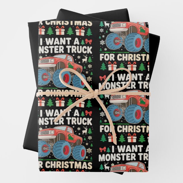 I Want a Monster Truck for Christmas Ugly Sweater Wrapping Paper Sheet (In situ)