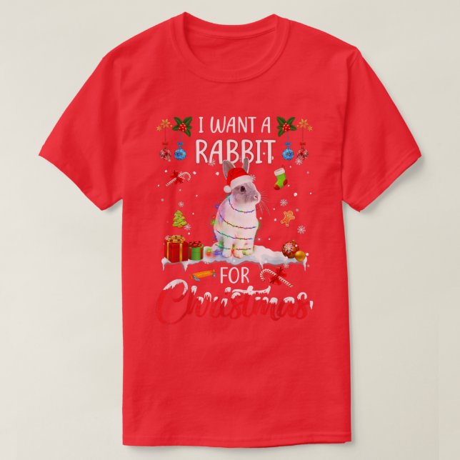 I Want A Rabbit For Christmas Xmas Lights Santa Ra T-Shirt (Design Front)