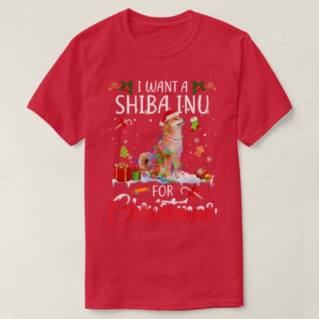 I Want A Shiba Inu For Christmas Xmas Lights Santa T-Shirt (Design Front)