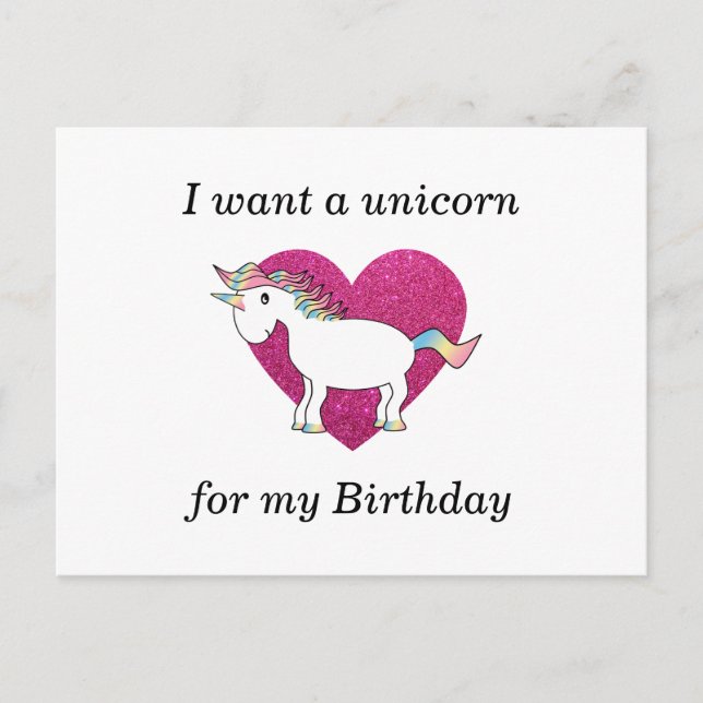 I want a unicorn for my birthday postcard (Front)