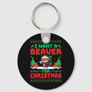 I Want Beaver For Christmas Cute Beaver Santa Hat Key Ring