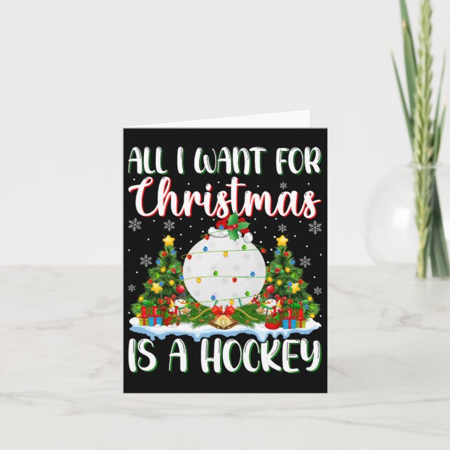I Want For Christmas Is A Hockey Xmas Tree Lights  Card (Front)
