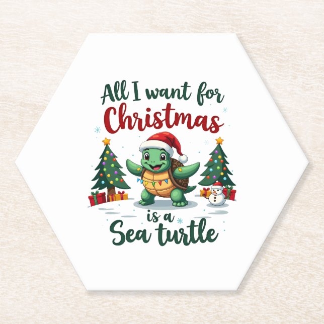 I Want For Christmas Is A Sea Turtle Xmas Tree Lig Paper Coaster (Front)