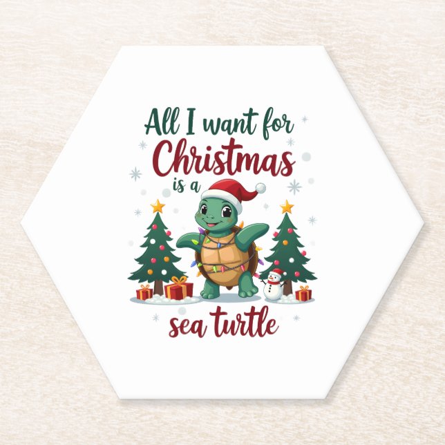 I Want For Christmas Is A Sea Turtle Xmas Tree Lig Paper Coaster (Front)