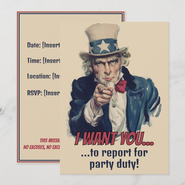 I Want You | Uncle Sam Party Fun Recruitment Invitation (Front/Back)