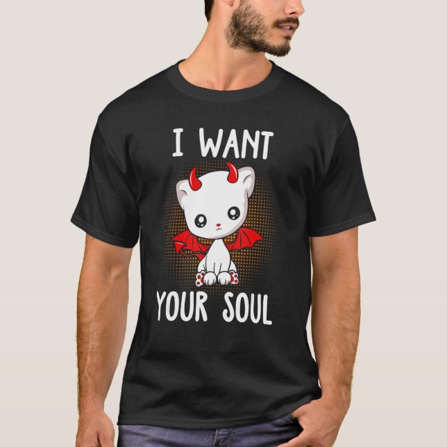 I Want Your Soul  Cute Devil Cat Halloween 2022 T-Shirt (Front)
