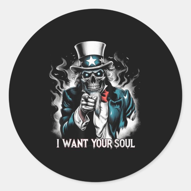 I Want Your Soul – Skeleton Sam Creepy Halloween H Classic Round Sticker (Front)
