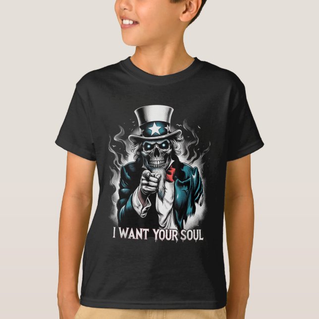 I Want Your Soul – Skeleton Sam Creepy Halloween H T-Shirt (Front)