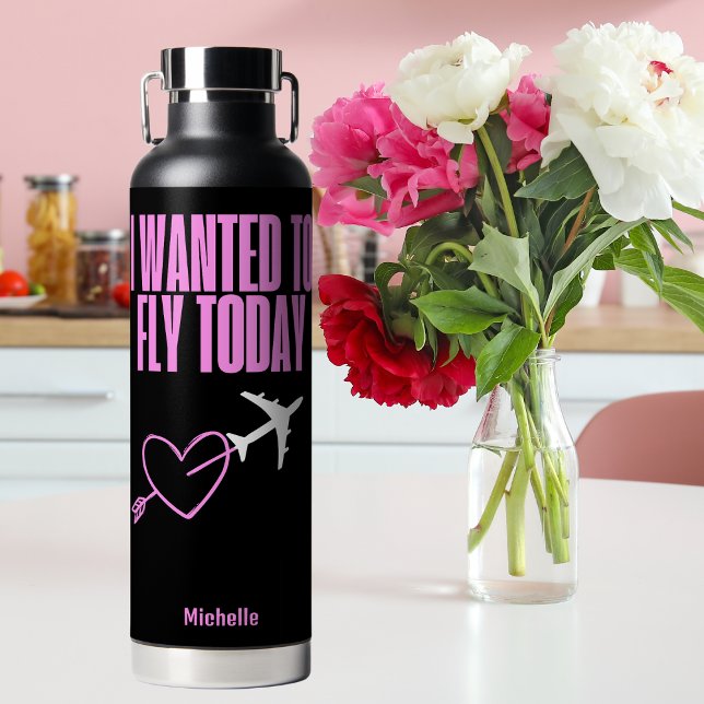 I wanted to Fly Today,Heart & Aeroplane,Pink Custo Water Bottle (Creator Uploaded)