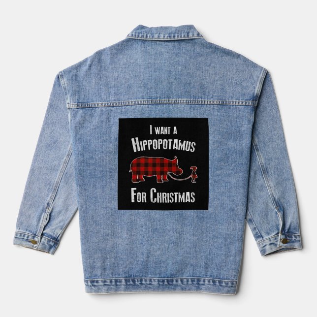 I Wants A Hippopotamus For Christmas Red Plaid Denim Jacket (Back)