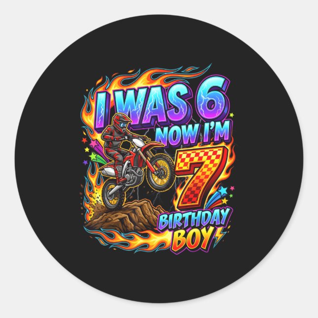 I was 6 i'm 7 year old birthday boy motocross 7th  classic round sticker (Front)