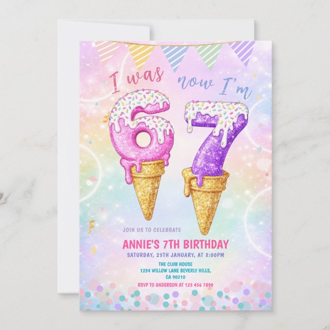 I Was 6 Now 7 Birthday Ice Cream Cone Invitation (Front)