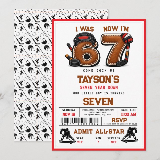 I Was 6, Now I’m 7 – Hockey 7th Birthday Party Invitation (Front/Back)