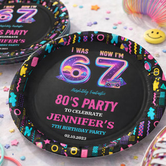 I Was 6 Now I’m 7 Retro Neon 7th Birthday for Kids Paper Plate