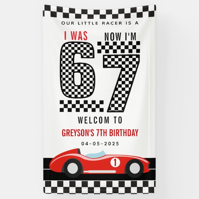 I Was 6 Now I'm 7 Race Car Boy 7th Birthday Party Banner (Vertical)