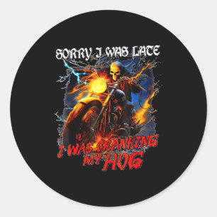 I was cranking my hog funny skeleton biker classic round sticker