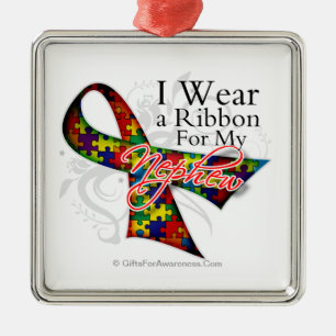 I Wear a Ribbon For My Nephew - Autism Awareness Metal Tree Decoration