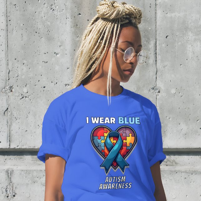 I Wear Blue Autism Awareness - Puzzle Heart Ribbon T-Shirt (I Wear Blue Autism Awareness T-Shirt - Puzzle Heart & Ribbon Design.)