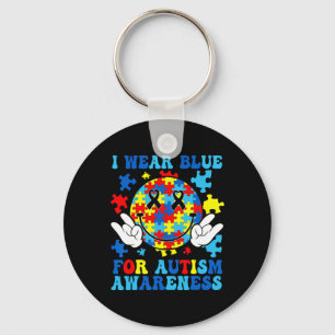 I Wear Blue For Autism Awareness Groovy Retro Smil Key Ring