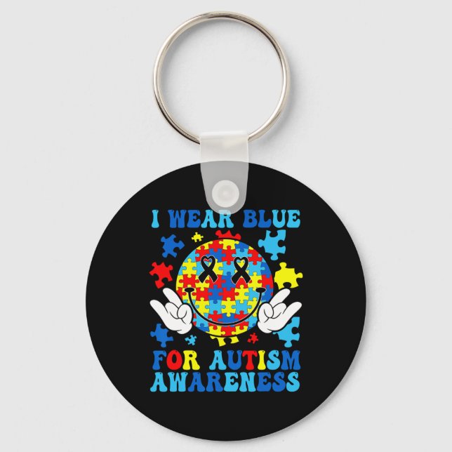 I Wear Blue For Autism Awareness Groovy Retro Smil Key Ring (Front)