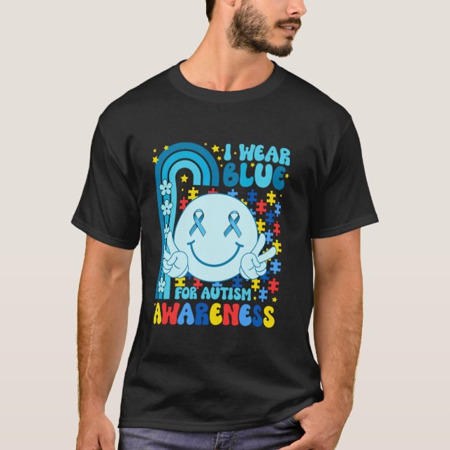 I Wear Blue for Autism Awareness Month Smile Face  T-Shirt (Front)