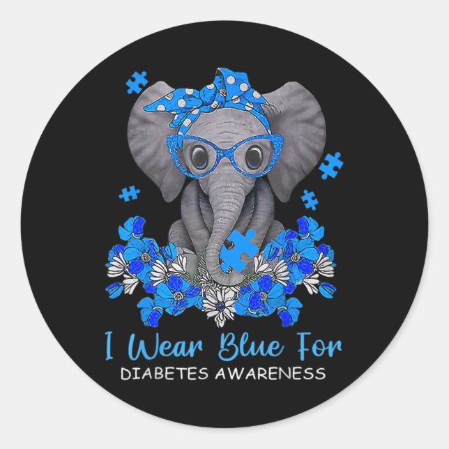 I Wear Blue For Diabetes Awareness Elephant Warrio Classic Round Sticker (Front)