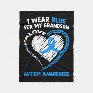 I Wear Blue For My Grandson Autism Awareness ribbo Fleece Blanket