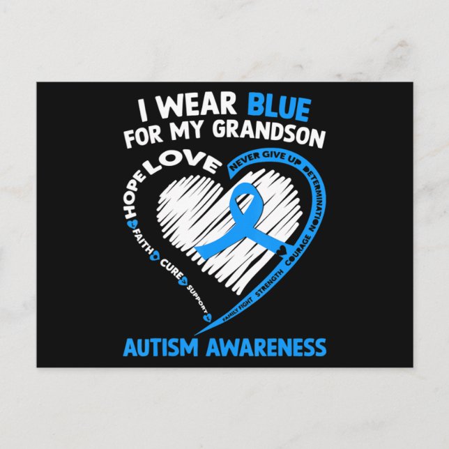 I Wear Blue For My Grandson Autism Awareness ribbo Postcard (Front)